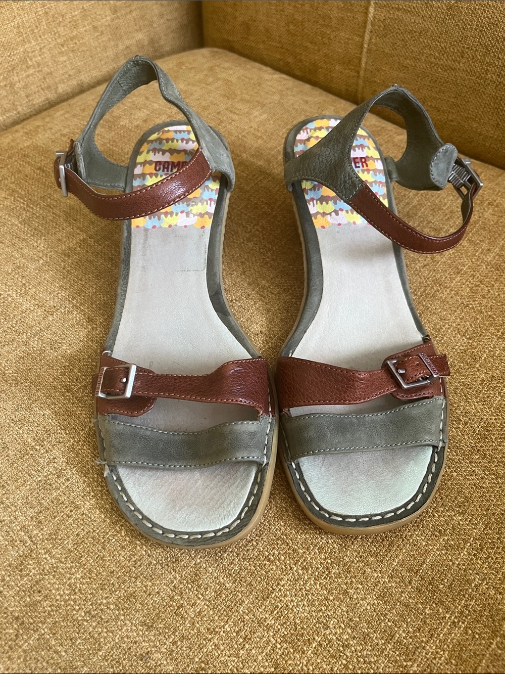 Camper Leather Wedge Sandals Tan and Olive Green Size 7